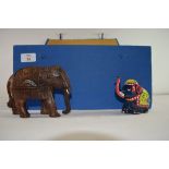 SMALL BOX CONTAINING VARIOUS BRASS, WOODEN AND COMPOSITION MODELS OF ELEPHANTS