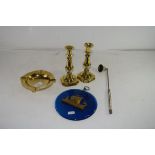 MIXED LOT: BLUE GLASS WALL PLAQUE MOUNTED WITH A BRASS SHIP, TOGETHER WITH BRASS CANDLESTICKS, BRASS