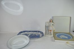 STAFFORDSHIRE FLAT BACK FIGURE TOGETHER WITH A MASONS OCTAGONAL MEAT PLATE, A CIRCULAR MIRROR AND