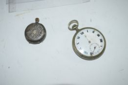 MIXED LOT: VARIOUS BASE METAL CASED POCKET WATCHES, SMALL SILVER CASED LADIES POCKET WATCH AND