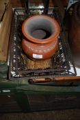 TWO MODERN METAL WORK BASKETS AND A CERAMIC VASE