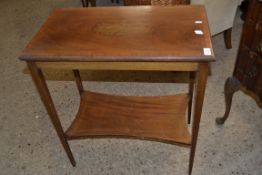 EDWARDIAN RECTANGULAR MAHOGANY TWO-TIER TABLE, THE TOP DECORATED WITH FLORAL DETAIL, 67 X 74CM