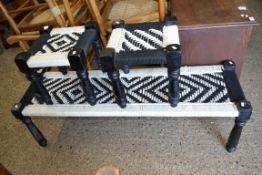 SET OF THREE 20TH CENTURY STOOLS DECORATED WITH BLACK AND WHITE MACRAME TOPS, LARGEST 136CM WIDE (