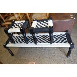 SET OF THREE 20TH CENTURY STOOLS DECORATED WITH BLACK AND WHITE MACRAME TOPS, LARGEST 136CM WIDE (