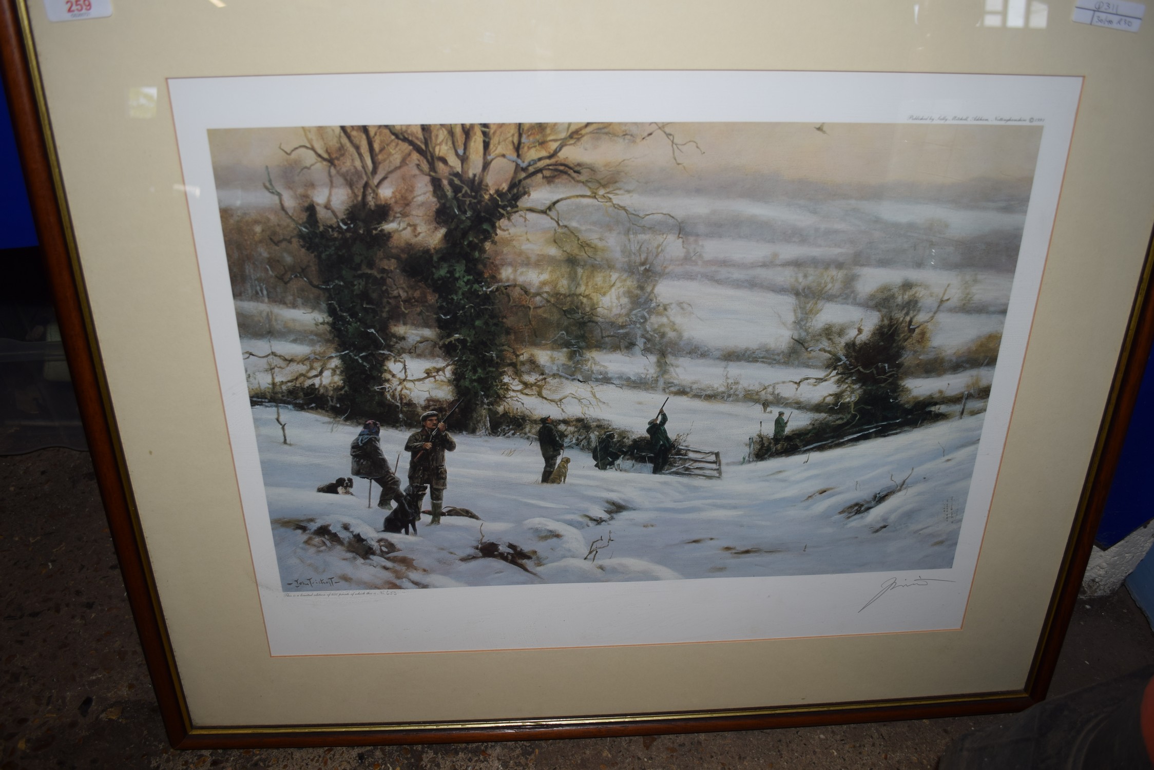 JOHN TRICKETT, COLOURED PRINT, WINTER SHOOTING SCENE, IMAGE SIZE 50 X 34CM, SIGNED IN PENCIL LOWER