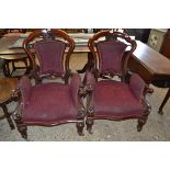 PAIR OF LARGE VICTORIAN MAHOGANY FRAMED ARMCHAIRS, SHAPED BACKS, SCROLLED ARMS, RAISED ON SHORT