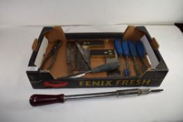 BOX OF VARIOUS WOODWORKING TOOLS, SET SQUARES ETC