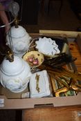 BOX VARIOUS MIXED WARES TO INCLUDE MODERN CERAMIC TABLE LAMPS, ORIENTAL PAPIER MACHE TRAY, AYNSLEY