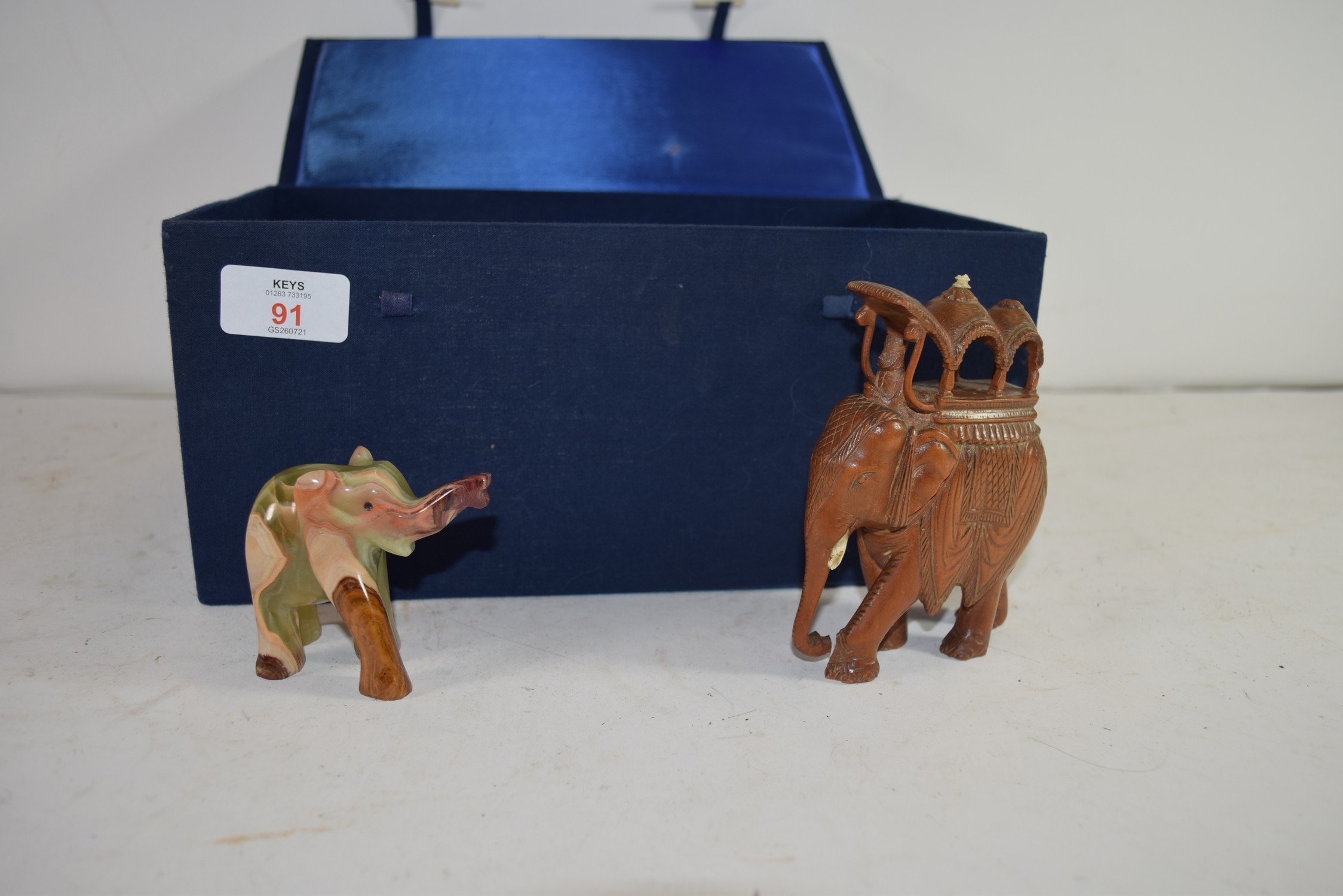 BOX OF VARIOUS WOODEN AND HARDSTONE MODEL ELEPHANTS