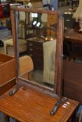 19TH CENTURY MAHOGANY FRAMED RECTANGULAR DRESSING TABLE MIRROR ON SHAPED LEGS, 66CM HIGH