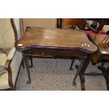 GEORGE III MAHOGANY FOLDING CARD TABLE WITH BAIZE LINED INTERIOR RAISED ON TAPERING LEGS AND PAD