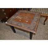 LATE 19TH/EARLY 20TH CENTURY SQUARE COFFEE TABLE DECORATED WITH MYTHOLOGICAL BEASTS, 45CM HIGH X