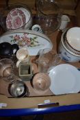 BOX OF MIXED WARES TO INCLUDE GLASS JUGS, ROYAL WORCESTER FLAN DISH, ETC