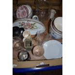 BOX OF MIXED WARES TO INCLUDE GLASS JUGS, ROYAL WORCESTER FLAN DISH, ETC