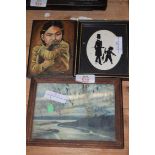 MIXED LOT - SMALL STUDY NATIVE AMERICAN GIRL WITH OTTER, A SILHOUETTE PRINT OF MAN AND BOY AND A