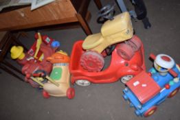 MIXED LOT VARIOUS CHILD PUSH ALONG PLASTIC TOY TRUCKS, FIRE ENGINE, TRACTOR ETC
