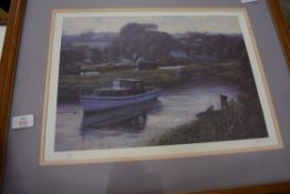 JOHN TRICKETT, COLOURED PRINT, MOORED BOATS, 49/380, FRAMED AND GLAZED