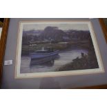 JOHN TRICKETT, COLOURED PRINT, MOORED BOATS, 49/380, FRAMED AND GLAZED