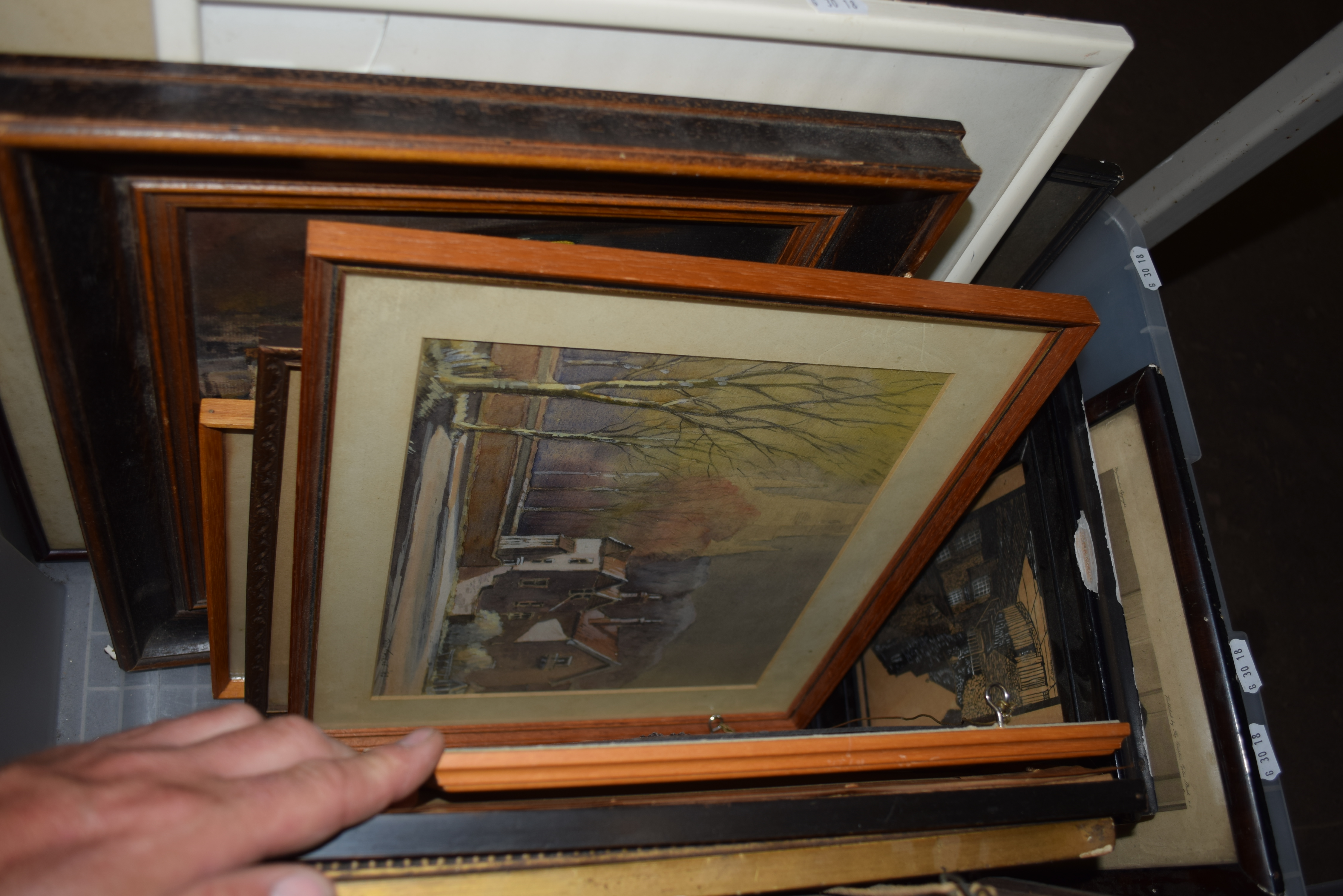 ONE BOX CONTAINING VARIOUS WATERCOLOURS, FRAMED PRINTS, OIL ON BOARD STUDY OF A BLACKSMITH ETC - Image 3 of 4