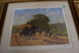 JOHN TRICKETT, COLOURED PRINT, HARVEST SCENE, SIGNED LOWER RIGHT, FRAMED AND GLAZED