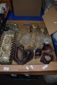 BOX OF MIXED GLASS WARES TO INCLUDE CUT GLASS DRESSING TABLE SET WITH FLORAL DECORATION AND WHITE