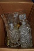 ONE BOX MIXED GLASS WARES TO INCLUDE VASE, DECANTERS ETC