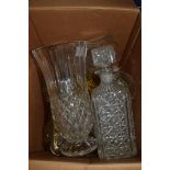 ONE BOX MIXED GLASS WARES TO INCLUDE VASE, DECANTERS ETC