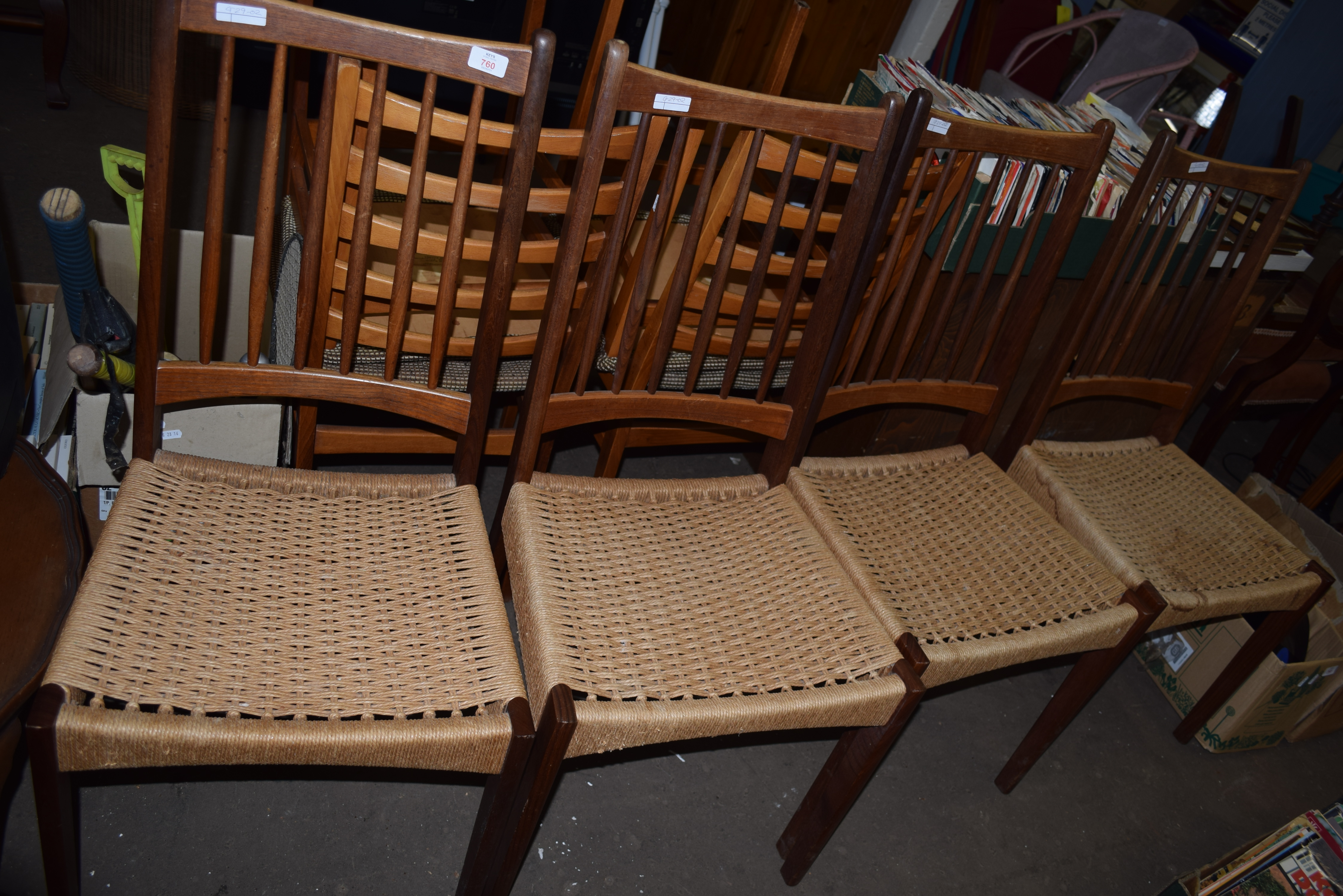 SET OF FOUR RETRO TEAK DINING CHAIRS WITH RATTAN SEATS