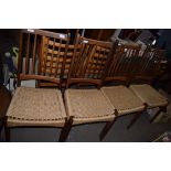 SET OF FOUR RETRO TEAK DINING CHAIRS WITH RATTAN SEATS