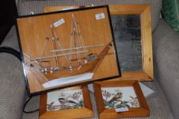 MIXED LOT COMPRISING TWO FRAMED BIRD DECORATED TILES, SMALL WALL MIRROR AND A 3D PICTURE OF A