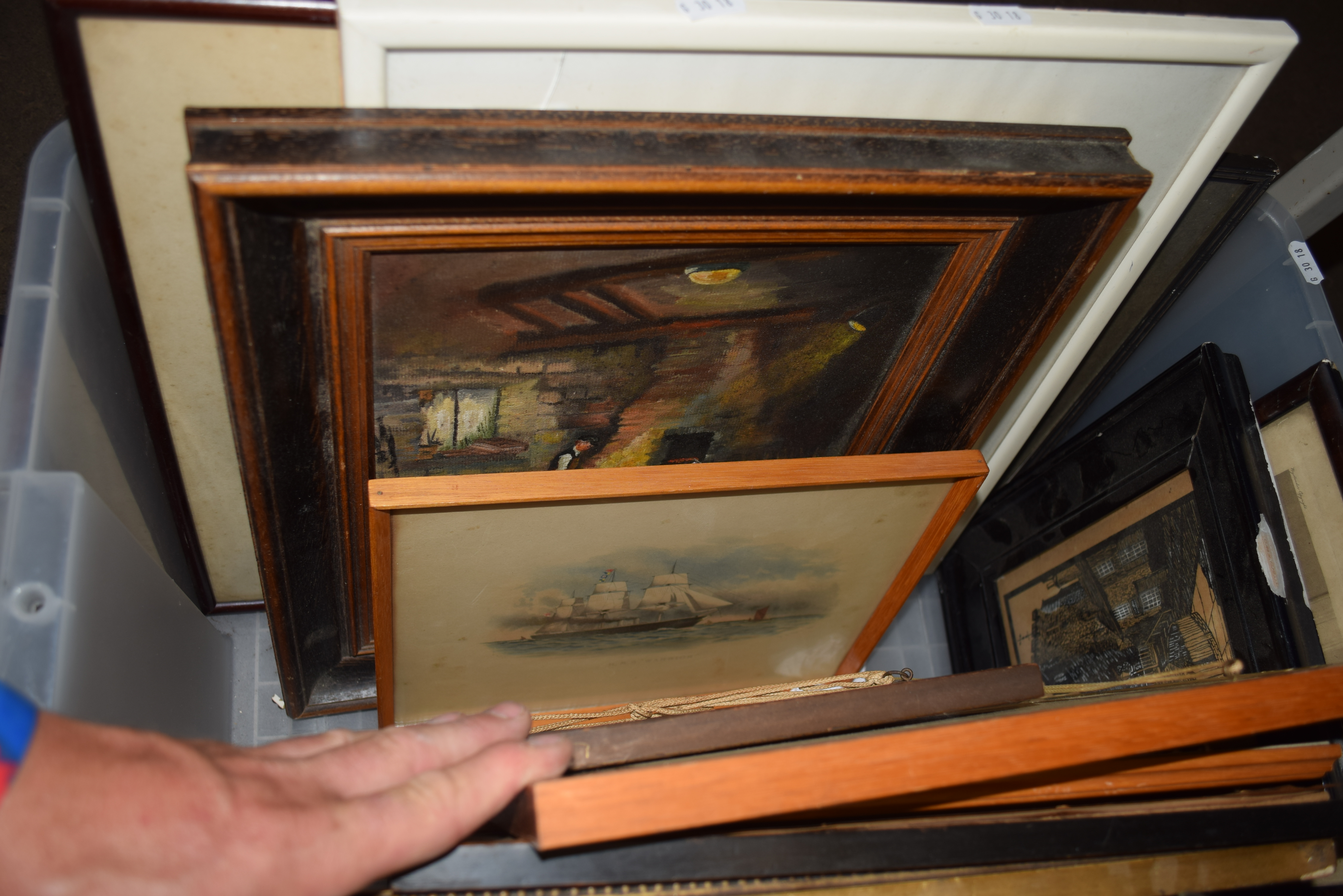 ONE BOX CONTAINING VARIOUS WATERCOLOURS, FRAMED PRINTS, OIL ON BOARD STUDY OF A BLACKSMITH ETC - Image 4 of 4