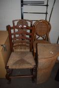 MIXED LOT COMPRISING A WICKER CORNER LAUNDRY BIN, TWO WICKER CHAIRS AND A FURTHER 19TH CENTURY