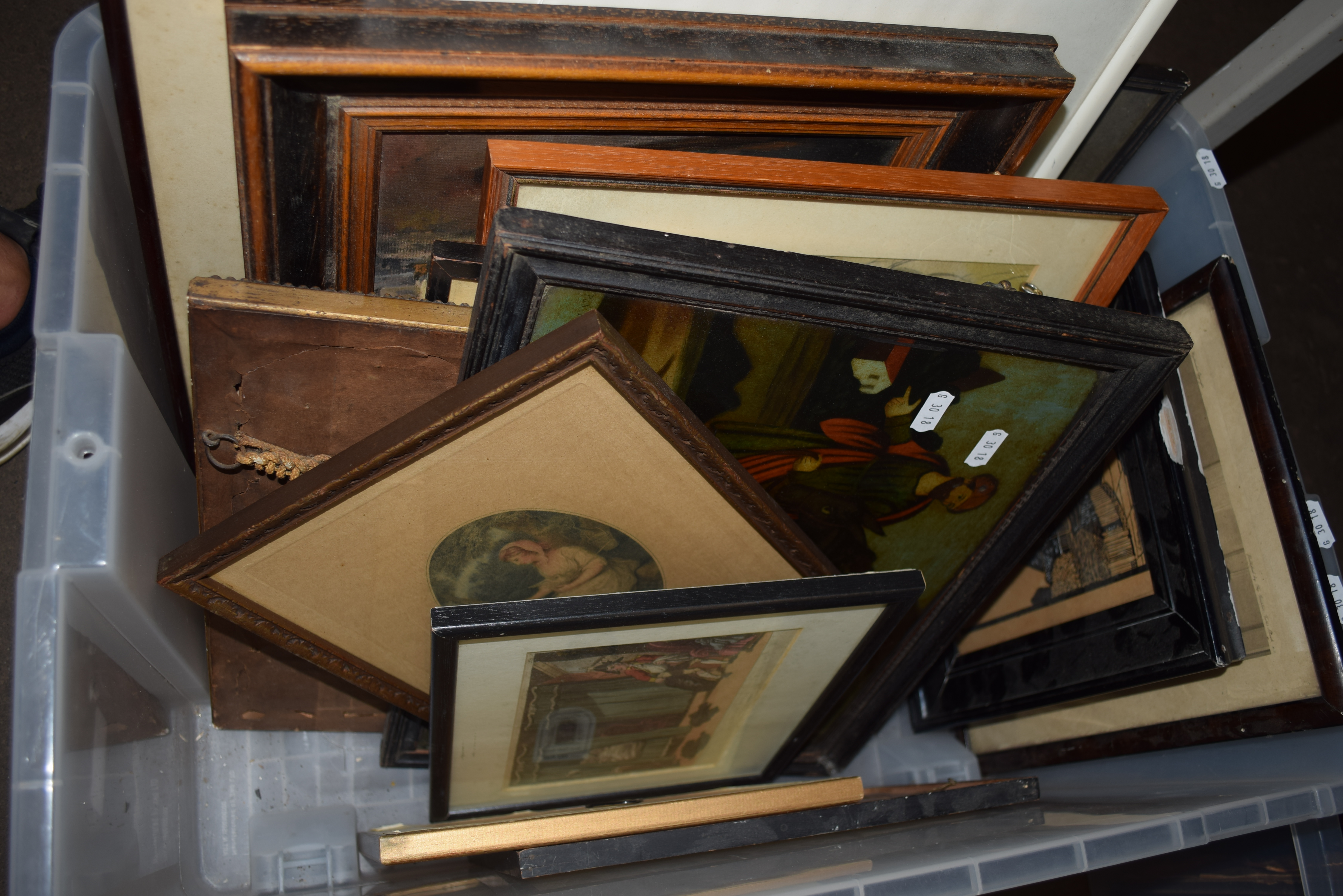 ONE BOX CONTAINING VARIOUS WATERCOLOURS, FRAMED PRINTS, OIL ON BOARD STUDY OF A BLACKSMITH ETC