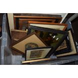 ONE BOX CONTAINING VARIOUS WATERCOLOURS, FRAMED PRINTS, OIL ON BOARD STUDY OF A BLACKSMITH ETC