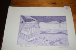 SARAH NEWMAN, MONOCHROME PRINT, "THE BEACH HUT", UNFRAMED