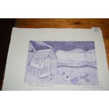 SARAH NEWMAN, MONOCHROME PRINT, "THE BEACH HUT", UNFRAMED