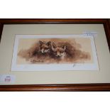 MICK CAWSTON, COLOURED PRINT, TWO FOX CUBS, SIGNED IN PENCIL, 75/300, FRAMED AND GLAZED