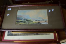 MIXED LOT COMPRISING OIL ON CANVAS STUDY OF A RIVER BRIDGE, WATERCOLOUR OF A COASTAL SCENE SET IN