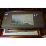 MIXED LOT COMPRISING OIL ON CANVAS STUDY OF A RIVER BRIDGE, WATERCOLOUR OF A COASTAL SCENE SET IN