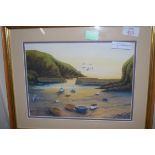 M KERSHAW, WATERCOLOUR STUDY, COVE WITH FISHING BOATS, FRAMED AND GLAZED