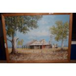 M BROWN, MODERN OIL ON CANVAS, AUSTRALIAN OUTBACK, FARMHOUSE