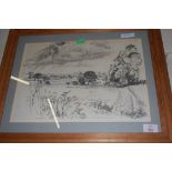 HENRY HOLZER, CHARCOAL DRAWING, LOWER THURLTON FROM THE LONG ROAD