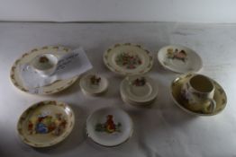 MIXED LOT: CHILDREN'S CERAMICS TO INCLUDE ROYAL DOULTON BUNNIKINS, NURSERY RHYME SAUCERS ETC