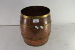 SMALL COPPER AND BRASS BAND COAL BUCKET FORMED AS A BARREL