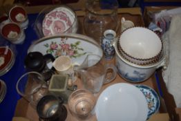 BOX OF MIXED WARES TO INCLUDE GLASS JUGS, ROYAL WORCESTER FLAN DISH, ETC