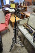 19TH CENTURY WROUGHT IRON AND BRASS FORMER OIL LAMP STAND WITH ADJUSTABLE HEIGHT, 39CM HIGH