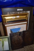 MIXED LOT OF FRAMED PHOTOGRAPHIC PRINT OF A HARBOUR SCENE PLUS VARIOUS MODERN PRINTS, NEEDLEWORK