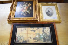 MIXED LOT: MODERN OIL ON BOARD STILL LIFE OF FLOWERS IN GILT FINISH FRAME, MODERN ORIENTAL PRINT AND