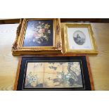 MIXED LOT: MODERN OIL ON BOARD STILL LIFE OF FLOWERS IN GILT FINISH FRAME, MODERN ORIENTAL PRINT AND