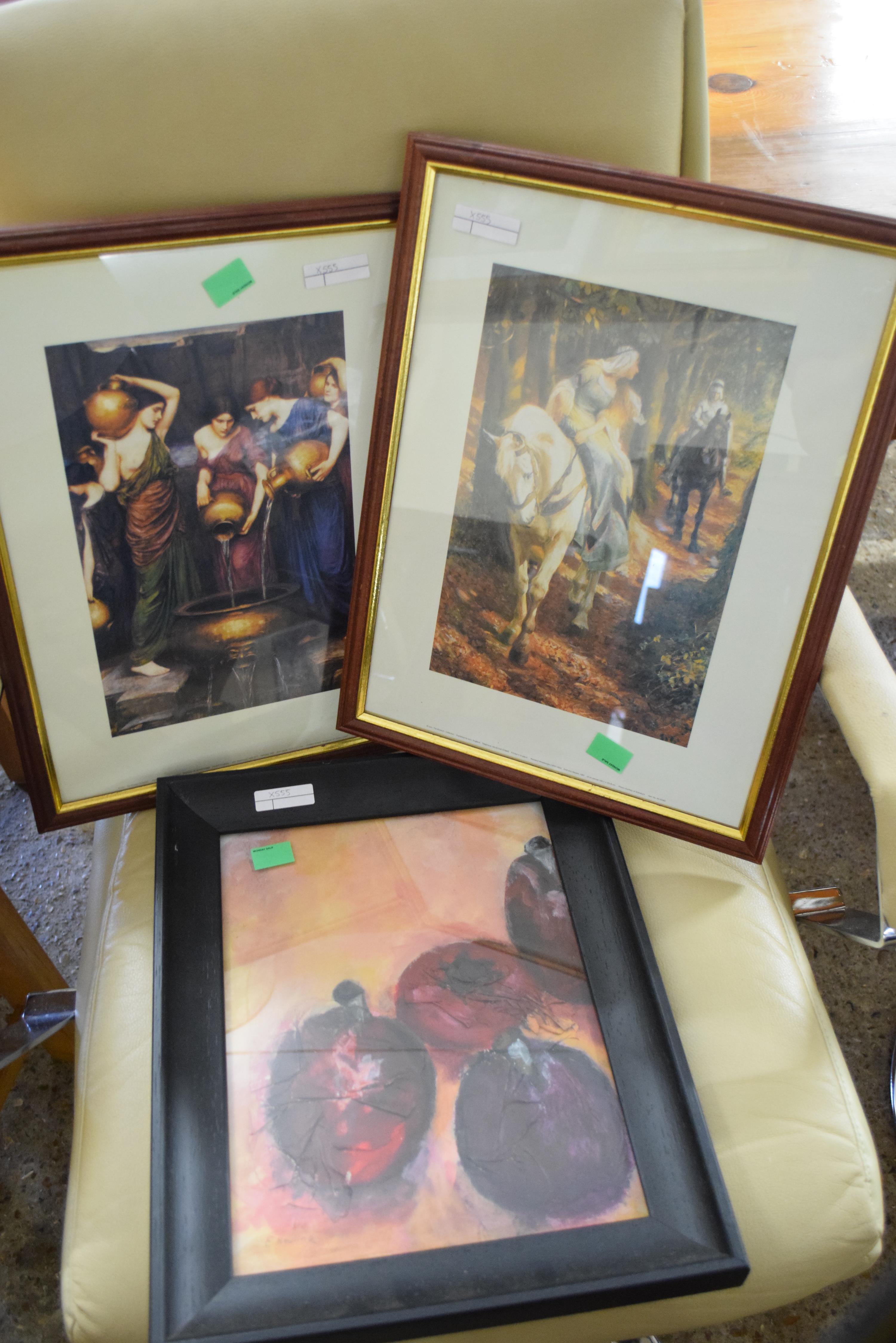 TWO FRAMED PRINTS TOGETHER WITH A MXIED MEDIA ABSTRACT, STILL LIFE OF FRUIT BEARING SIGNATURE E